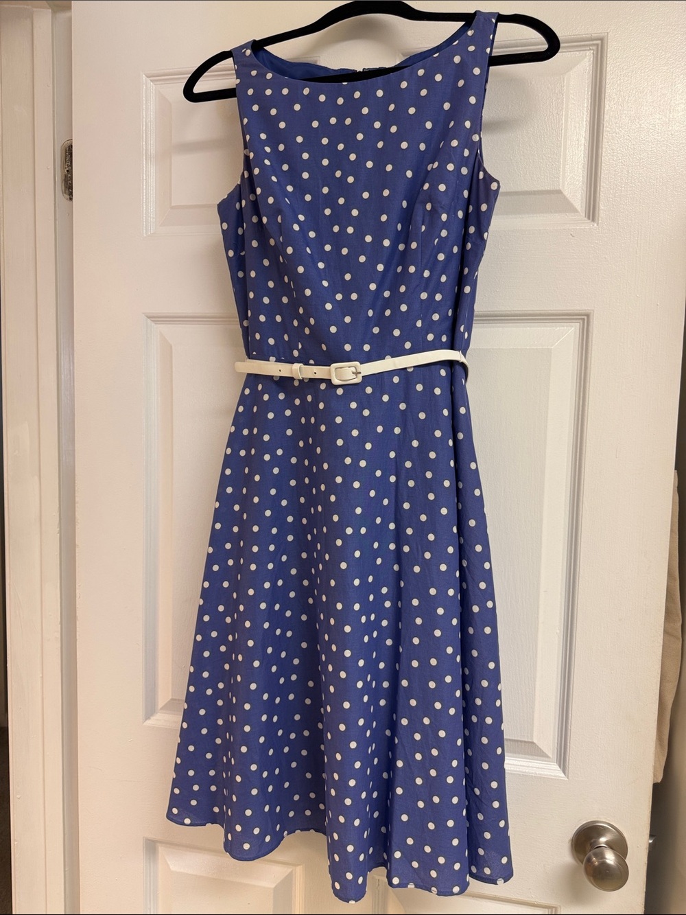 Vintage 9 & Co Blue Polka Dot Sleeveless Fit & Flare Dress with White Belt
